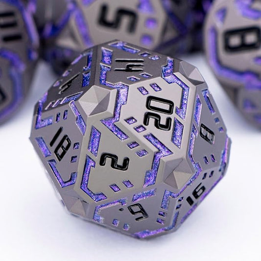 OGCOPHEN Metal DND Sci-fi Dice Set 7PCS Stripe Polyhedral Dice for Dungeons Dragons RPG Role Playing Game, Glitter D and D Dice with Gift Box D6 D8 D10 D12 D20 (Black Purple) ﻿