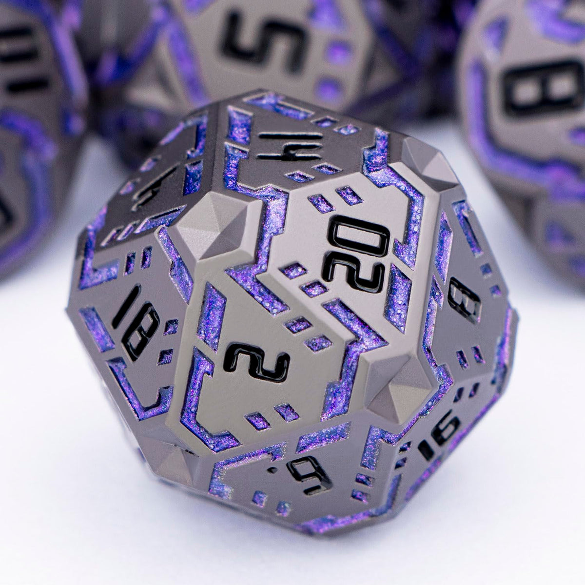 OGCOPHEN Metal DND Sci-fi Dice Set 7PCS Stripe Polyhedral Dice for Dungeons Dragons RPG Role Playing Game, Glitter D and D Dice with Gift Box D6 D8 D10 D12 D20 (Black&Blue Purple)