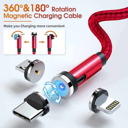 Magnetic Charging Cable, 540 Rotating Phone Charger [6-Pack, 3ft/3ft/3ft/6ft/6ft/10ft] 3 in 1 USB Cable Nylon Braided for iProduct/Micro USB/Type C Device-Red