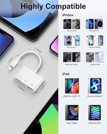 SD Card Reader for iPhone, iPad, Samsung, Memory SD Card Reader USB C&Lightning Dual Port Micro SD Card Reader with USB Camera Adapter Plug and Play Trail Game Camera Card Viewer Supports SD/TF Card