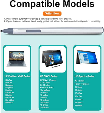 Stylus for HP Envy X360 Pavilion x360 Specter X360 Spectre x2 Envy x2 Touchscreen Laptop Rechargeable MPP 2.0 Tilt Pencil 4096 Pressure Sensitivity Using The Microsoft MPP Protocol, Silver