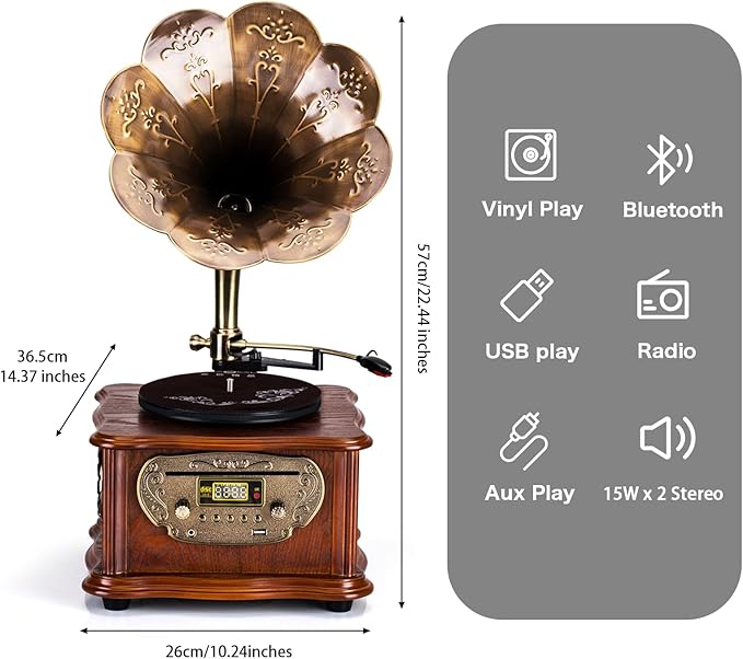 Wooden Phonograph Gramophone Turntable CD Player Stereo System Control 33/45 RPM FM AUX USB Ouput Bluetooth 4.2 … …