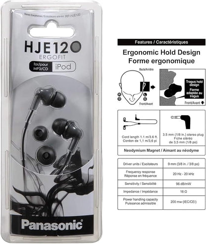Panasonic ErgoFit Wired Earbuds, 3.5mm Jack In-Ear Headphones Wired with Dynamic Crystal-Clear Sound and Ultra Soft Ergonomic Custom-Fit Earpieces (S/M/L), for Phones and Laptops - RP-HJE120-K (Black)