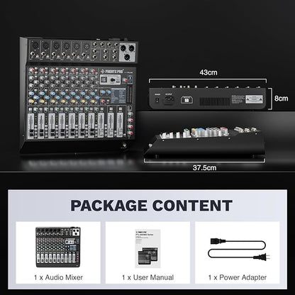 Professional 8-Channel Audio Mixer, Phenyx Pro DJ Sound Mixer Board w/Flexible AUX, BUS, SUB Routing, 16 DSP, BT Streaming & USB-B PC Recording, Mixing Console for Stage, Home Studio (PTL-800)