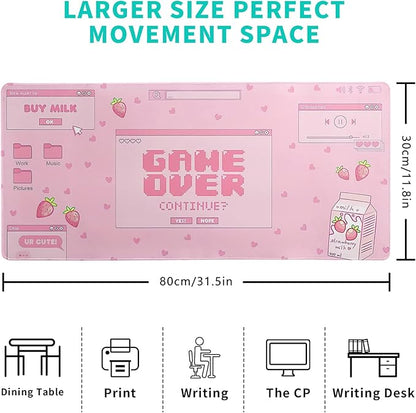 Pink Gaming Mouse Pad 31.5x11.8 Inch Pastel Game Over Large Mousepad Kawaii Office Decor for Women Non-Slip Rubber Base Stitched Edges Keyboard Mouse Mat Desk Pad for Office Home and Game