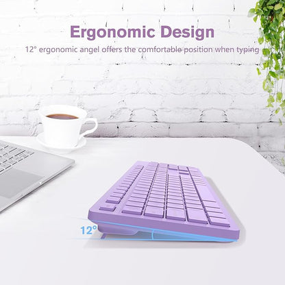 LeadsaiL Purple Wireless Keyboard, 2.4GHz Full-Sized Ergonomic Computer Keyboard, Cordless Noiseless Keyboard,12 FN Shortcuts for Windows MacOS Laptop Computer