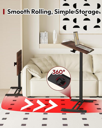SANODESK Medical Adjustable Overbed Bedside Table with Casters 90° Tilt Top Pneumatic Mobile Rolling Laptop Computer Standing Desk Cart with Tray, Hospital and Home Use(31.5" W x 17.7" D, Walnut)