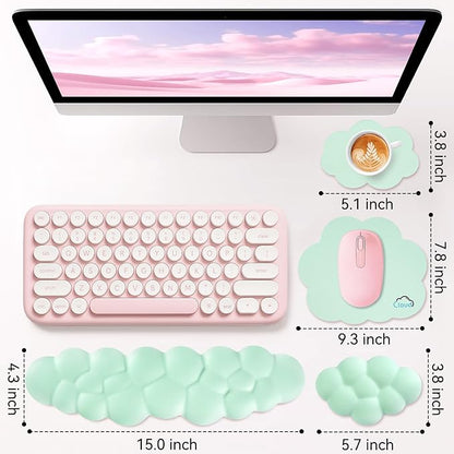 Cloud Wrist Rest for Computer Keyboard, 4-in-1 Memory Foam Leather Cloud Keyboard Wrist Rest and Mouse Pad Set with Ergonomic Support for Arm and Palm Cushion, Gaming/Work Setup, Light Green