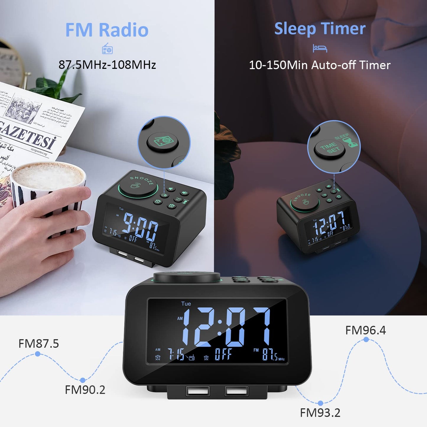 uscce Digital Dual Alarm Clock Radio for Bedrooms with 0-100% Dimmer