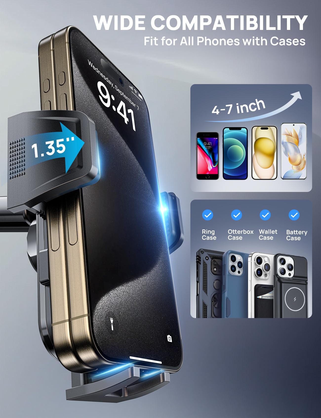 Air Vent Car Phone Holder, Adjustable Wide Clamp, Metal Hook, Anti-Shake
