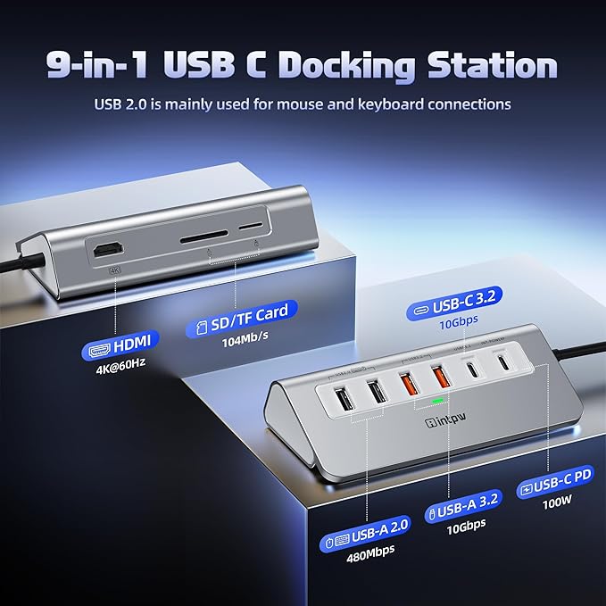 intpw USB C Hub, P9 PRO USB C Hub Multiport Adapter with 4K HDMI, PD 100W, Type-C & 2 USB A 3.2 10Gbps, 2 USB A 2.0, SD/TF Card Reader, Aluminum USB Hub for Laptop, iPhone 17 Series, MacBook, iPad
