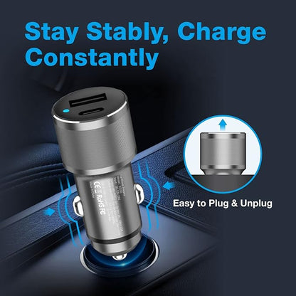MOCA 38W Fast Car Charger, Dual Port USB C Power Delivery All Metal Lighter PD/ QC3.0 Car Charger with 2 Pack PD Lightning Cord Quick Charging for iPhone 16 15, Samsung Galaxy S25 S24, Pixel, Android