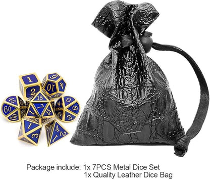 Haxtec Metal DND Dice Set 7 Die Gold Blue Metal D&D Dice Compatible with Dungeons and Dragons Games-Glossy Enamel Dice (Gold Blue)