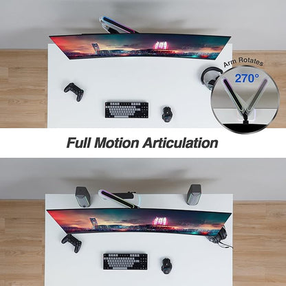 AVLT Single 27”-45” RGB Gaming Monitor Arm Desk Mount Built-in 20 Lighting Modes Touch Button Control Fits Flat/Curved/Ultrawide Screens Height Swivel Tilt Rotation Adjustable Stand -White