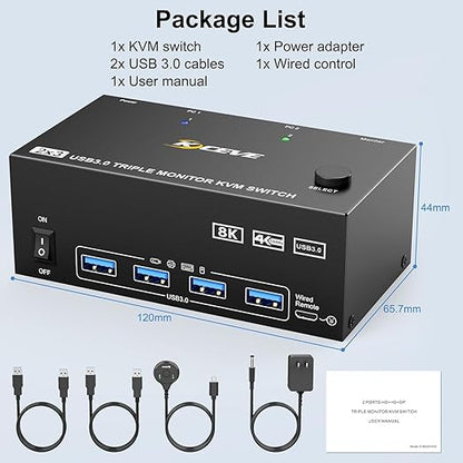 HDMI Displayport KVM Switch 3 Monitors 2 Computers 8K@60Hz/4K@144Hz, USB3.0 KVM Switches for 2 PC Sharing Triple Monitor and Keyboard Mouse with Power Adapter,Wired Extend Controller and USB3.0 Cables