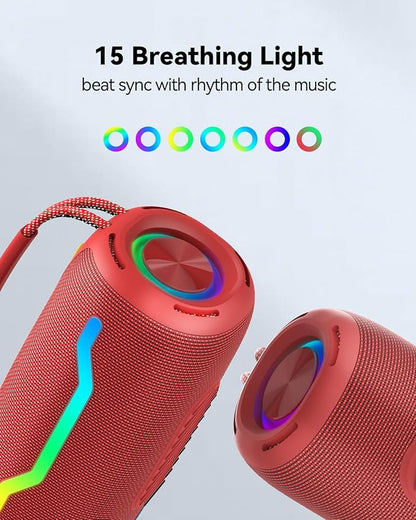 Portable Bluetooth Speaker with Light, Loud Sound and Deep Bass, IPX6 Waterproof, Up to 18H Playtime, TWS Pairing, Support Bluetooth/AUX/USB/TF Card for Home, Party, Outdoor and Travel (Red)