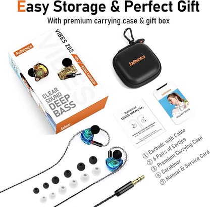 Vibes 202 Wired Earbuds - HiFi in Ear Monitor Headphones – Professional Noise-Isolating Ear Buds - Clear Sound, Deep Bass & Comfort-Fit IEM Earphones - MMCX to 3.5mm, Silver Plated Cord, Carrying Case