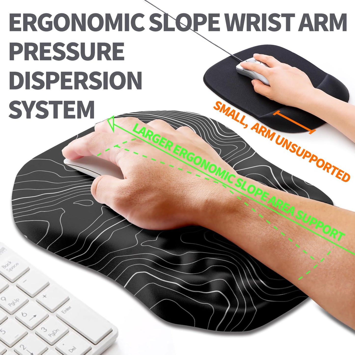 Armanza Ergonomic Slope Mouse Pad Wrist Support, Wrist Rest Mousepad for Carpal Tunnel Pain Relief with Massage Bulge and Slow Rebound Memory Foam (12x8 inch, Black Contour Lines)