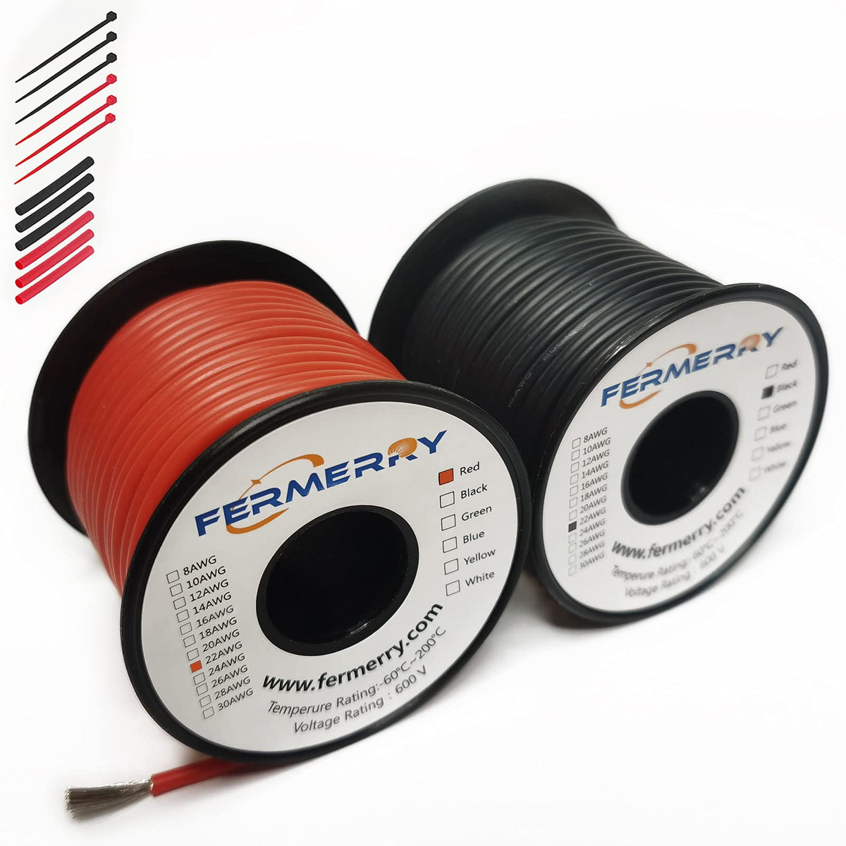 Fermerry 24 AWG Stranded Wire Spool 25ft Each 6 Colors