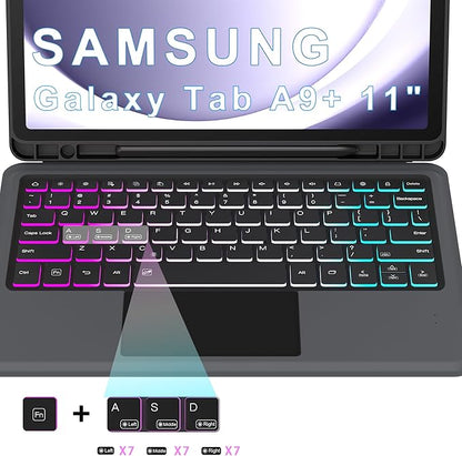 for Galaxy Tab A9+ 11 inch Case with Keyboard - Rainbow Backlit Detachable Tablet Keyboard Cover with Touchpad - Auto Wake-up/Sleep Keyboard Case with Pen Holder for Samsung Galaxy Tab A9 Plus 5G 2023