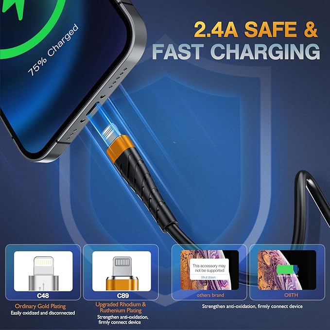 OIITH MFi Certified for iPhone Charger Cable 3 Pack 3 Ft, for Lightning Charging Cord, Fast 2.4A for iPhone USB Cord Compatible with iPhone12/11/XS/Max/XR/X/8/8P/7P/6/iPad - Orange