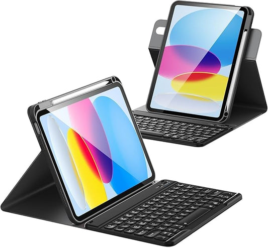 for iPad 11th 10th Generation Case with Keyboard, Magnetic 720° Rotatable Cover Wireless Detachable 7 Colors Backlit Keyboard with Pencil Holder for iPad 11 inch A16 2025 & 10.9 inch 2022 -Black