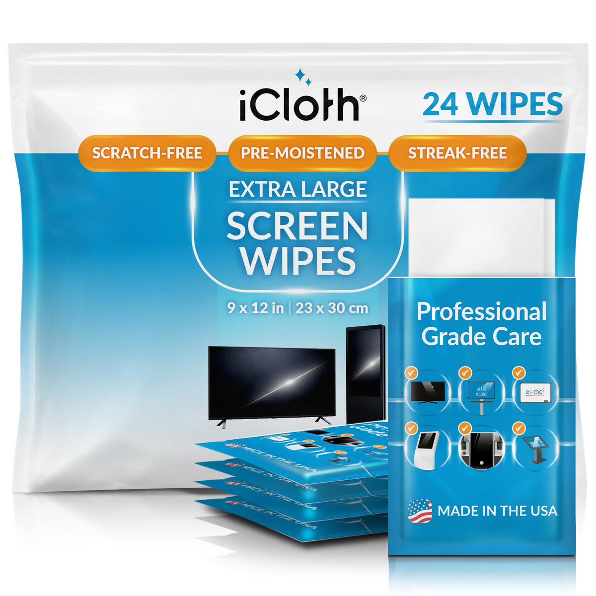 iCloth XL Screen Cleaning Wipes, Lint-Free and Streak-Free, Fast-Drying, Removes Dust, Fingerprints, and Smudges (24 XL Wipes)
