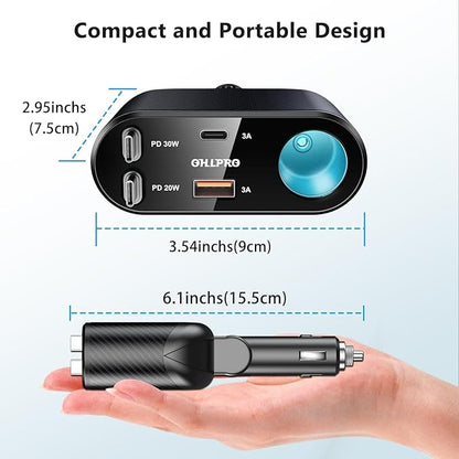 OHLPRO Retractable Car Charger Cigarette Lighter Adapter, 168W 5 in 1 Fast Phone Charging Built-in Replaceable Fuse, Socket Splitter with Dual USB-C Cords, Fit for Phone, iPad, Galaxy, GPS