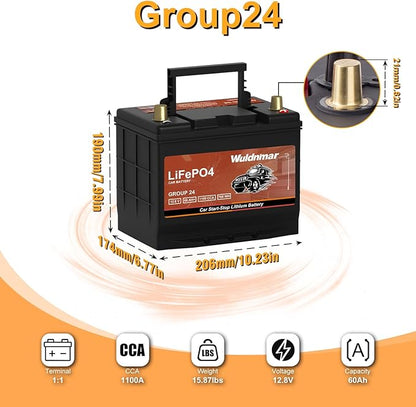 High Performance G24 12V 60AH Lithium Car Start Stop Battery with 1100CCA and 60 Month Warranty