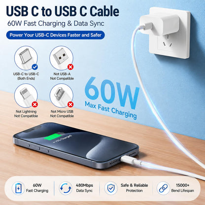 60W USB C to C Cable 3Pack 6FT PD 3.0 Fast Charging Cord for iPhone17 S26