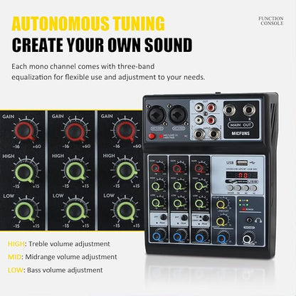 Mini audio audio mixers DJ mixer Sound Board Console System,4 Channel 48V Phantom Power with Bluetooth USB MP3 Stereo live DJ Studio Streaming for professional recording party KTV stage