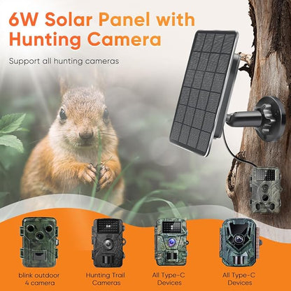 Solar Panel for Trail Camera,6W Solar Kit Build-in 5000mAh Rechargeable Battery, Hunting Accessories for IP66 Waterproof, 5W Solar Power for Trail Camera