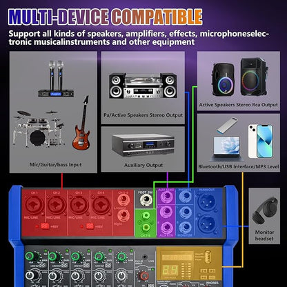EXOTON Professional Audio Mixer Console, 6 Channel with USB, Bluetooth, MP3 Input, 48V Phantom Power, Ideal for Studio, Live Performance, and DJ Use