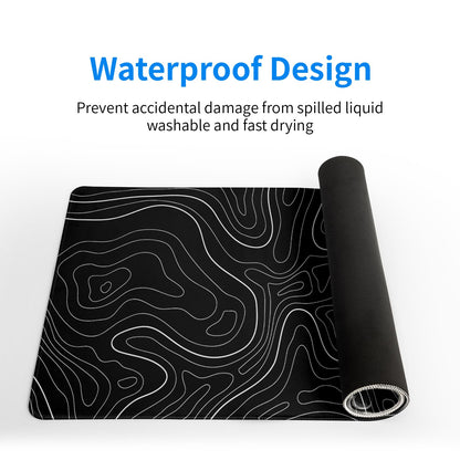 Topographic Contour Black Gaming Mouse Pad XL Geographic Map Lines Extended Big Large Desk Mat Non-Slip Rubber Base Stitched Edge Long Keyboard Mousepad for PC Computer Laptop,31.5x11.8 Inch