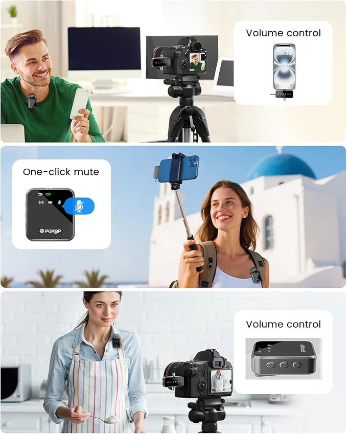 PQRQP 3 in 1 Microphone for iPhone/Android/Camera, Mini Microphone, 328ft Transmission, 18H Battery Life, Wireless Microphones Crystal-Clear Audio for Podcasting, Vlog, Streaming (Graphite Gray)