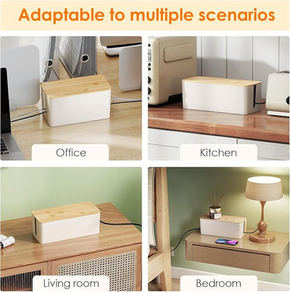 DELAMU 2 Pack Cable Management Box, Safe ABS Wood Grain Desk Medium and Small Cord Organizer, Baby Pet Proof Lock Cord Box Hider for USB Hub TV Wires Computer Desks and Power Strips