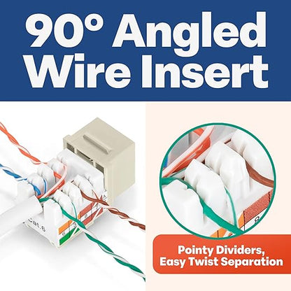 Everest 90° Angled RJ45 Cat6 Keystone Jacks 50-Pack in Ivory - Slim Profile Female RJ45 Connectors - Cat 6 Keystone Jack - Compatible with 90° Angled Speed Termination Tool - easyJACK (B094WB91H3)
