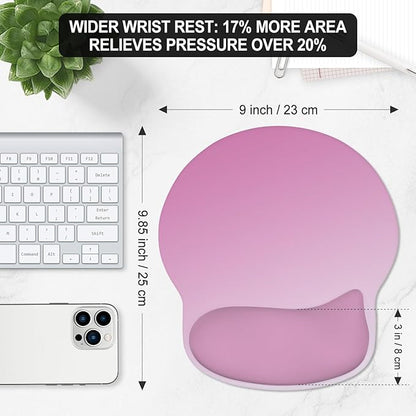 ITNRSIIET Ergonomic Mouse Pad with Wider Memory Foam Wrist Rest +17%, Curved Cushion Reduces Pressure 20%, Pain Relief, Non-Slip, Smooth, Cute Color Desk Accessory, 9.85 x 9 inch, Soft Pink Gradient