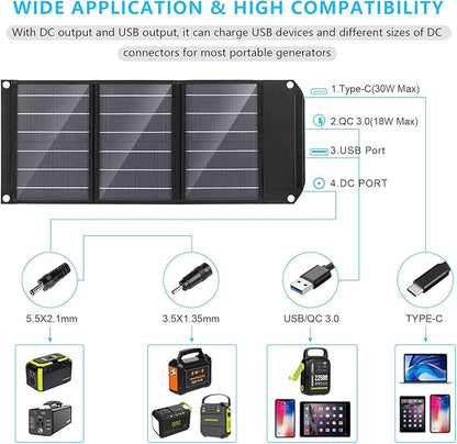 MARBERO Portable Solar Panel 30W Solar Panel Charger 23% High Efficiency Foldable Solar Panels QC3.0 USB & DC Port Compatible with Cell Phone Ipad Laptop IP65 Waterproof for Camping Outdoor Cloudy