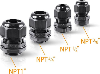 25 Pcs 1/2" IP68 Strain Relief Nylon Cord Grip NPT Cable Glands Adjustable UL Listed and RoHS Compliant (Black)