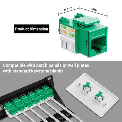 Iwillink Cat6 Keystone Jack and Punch-Down Stand, 50-Pack, RJ45 Ethernet Jack, 90-Degree UTP Modular Punch Down Adapter, Green