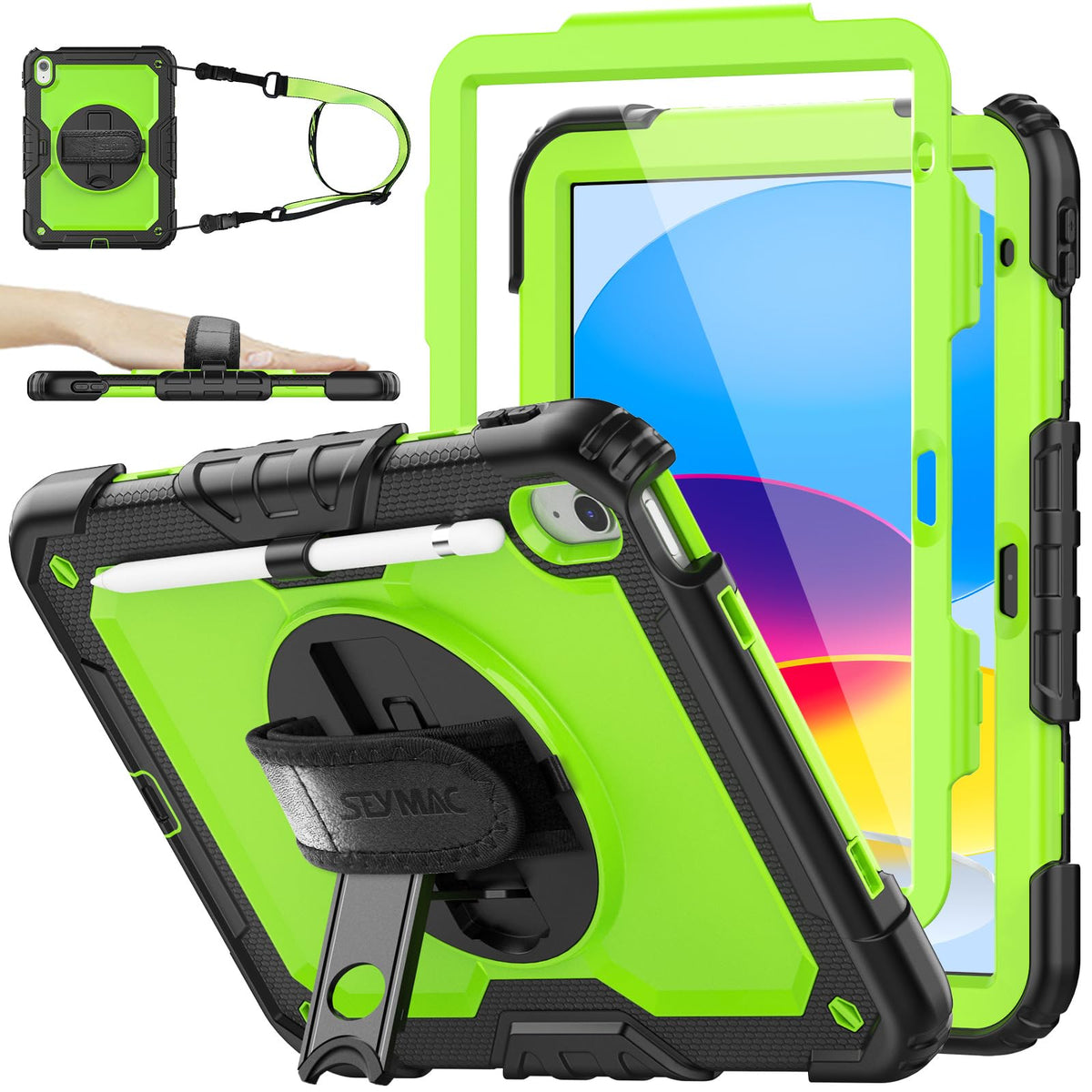 SEYMAC stock Case for iPad (A16) 11th/10th Generation 11''/10.9'' 2025/2022, Full-Body Drop Protection Case with Screen Protector &360° Rotate Hand Strap/Stand, Pink+Black