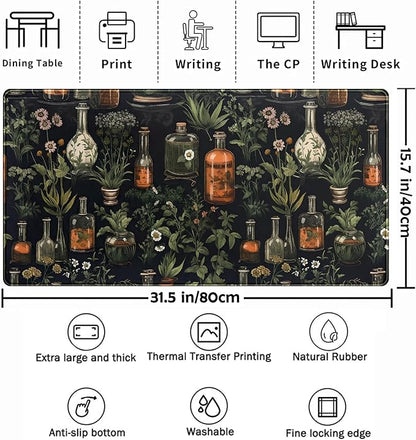 Black Aesthetics Desk Mat Mouse Pad Large Gaming Mouse Pad Desk Pad Mousepad, Mystical Green Plant Computer Laptop Keyboard and Mouse Mat, Desktop Protector Mat for Women Girl Office 31.5x15.8 in