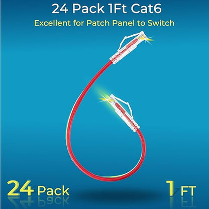 Rapink Slim Cat6/ Cat6a Ethernet Patch Cable 1ft (24 Pack), 10G Support, Snagless, Flexible