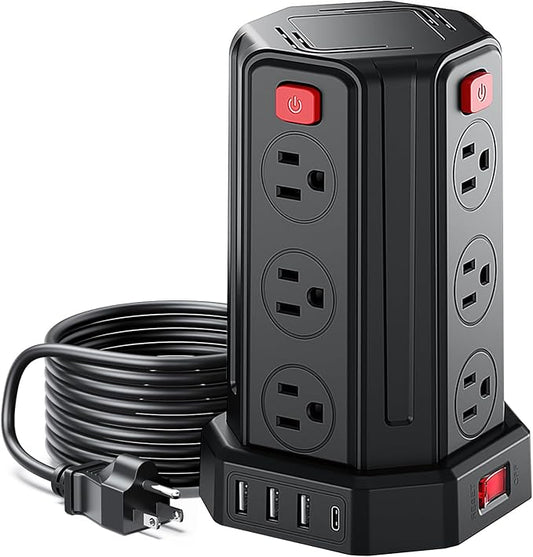Power Strip Surge Protector, 6.5 Ft Extension Cord with 12 AC Multiple Outlets 4 USB (1 USB C), SMALLRT Power Tower Desktop Charging Station