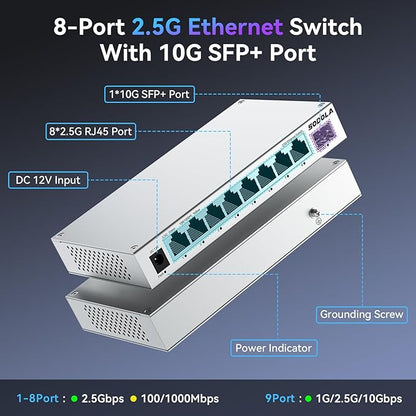 SODOLA 8-Port 2.5Gb Switch Unmanaged,8 x 2.5GBASE-T Ports,1X10G SFP+,Aluminum Alloy Cooling & Magnetic Mounting, Fanless,Plug & Play 2.5G Ethernet Switch