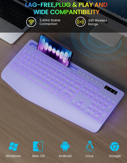 Wireless Keyboard, 7 Colored Backlits, Wrist Rest, Phone Holder-Purple