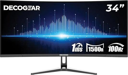 Deco Gear 34-Inch Business Curved Super UltraWide WQHD Monitor 3440 × 1440 R1500 100Hz 1ms 100% sRGB HDR 2× DisplayPort 2× HDMI Tilt Adjustable PIP/PBP Low Blue Light, American Seller