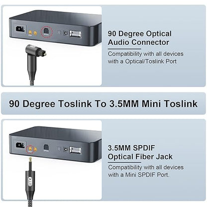 EMK Premium 90° Toslink to Mini Toslink Cable (5Ft/1.5M) - Right Angle Optical to 3.5mm Digital Optic Audio Cable for Soundbars, Home Theater - SPDIF Compatible, Black
