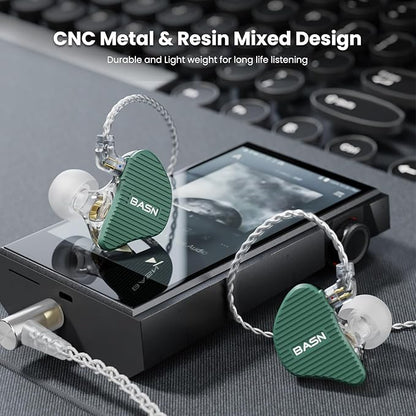 BASN Mix-PD in Ear Monitor,1Planar Driver + 1Dynamic Driver HiFi IEM Earphones with CNC Crafted Metal Cover, Wired 0.78mm 2-Pin Silver Plated Detachable Cable for Musicians (Green)